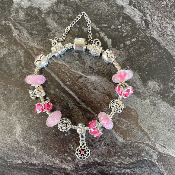 Murano Glass Pink Crystal Charm Bracelet 7.5" with Crystals From Swarovski - Picture 7 of 8